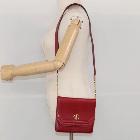 Christian Dior Shoulder Bag Leather Gold Red Auth